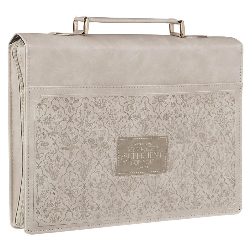 Sufficient Grace Taupe Wildflower Tapestry Faux Leather Fashion Bible Cover - 2 Corinthians 12:9