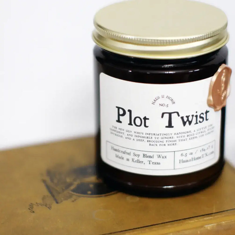 Hand-Poured Candle - Plot Twist - 6.5 oz Amber Jar