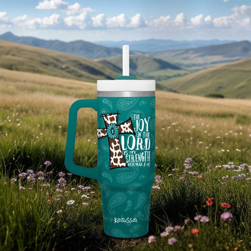 Kerusso 30 oz Stainless Steel Mug With Straw Cowhide Cross